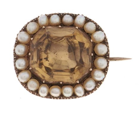A Victorian foiled octagonal citrine and split pearl brooch, in gold, 11.5g Slight wear and scratches to back