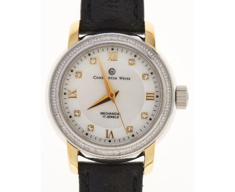 A Constantin Weisz stainless steel lady's wristwatch, with mother of pearl dial and crystal set bezel, fenestrated back, 33mm
