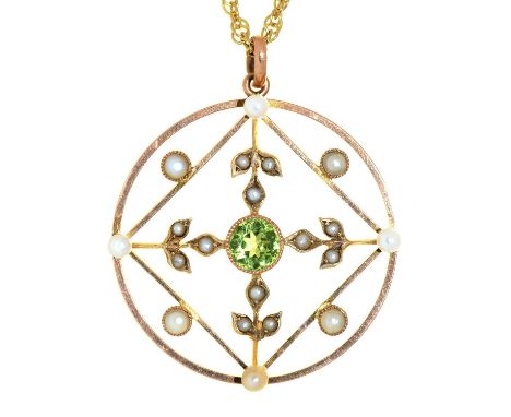 A peridot and split pearl set gold openwork pendant, c1910, 27mm, marked 9c and a 9ct gold necklet, 5.5g Good condition