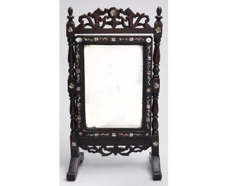 A Chinese mother of pearl inlaid hardwood dressing mirror, late 19th c, with bevelled plate, 45cm h Silvering of mirror sligh