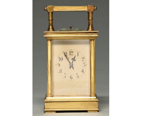 A French brass quarter repeating carriage clock, early 20th c, with blued steel halberd hands and Arabic chapters, the gong s