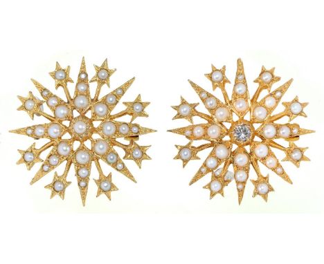 A diamond, split pearl and gold star brooch-pendant and a similar brooch, in Victorian style, in 9ct gold, 30mm, London 1876 
