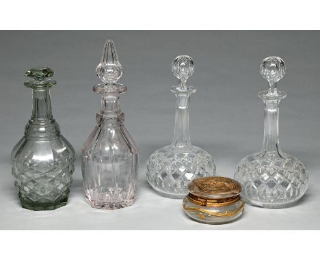 A French art nouveau gilt and raised gilt decorated glass powder bowl, c1910, with giltmetal mount, 12cm diam and two and a p