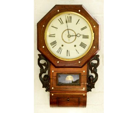 A Victorian rosewood and mother of pearl inlaid octagonal drop-case wall clock, c1880, with painted dial, pendulum, 71cm h Di