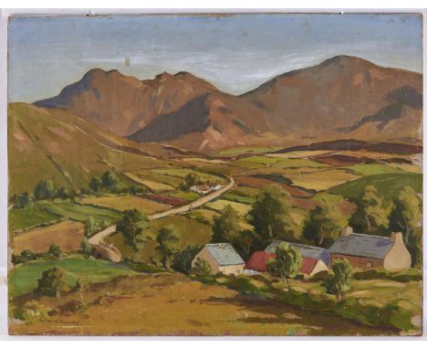 H Dowey (20th c) - Extensive Landscape, signed, oil on hardboard, 31 x 46cm, unframed Varnish requires a light clean