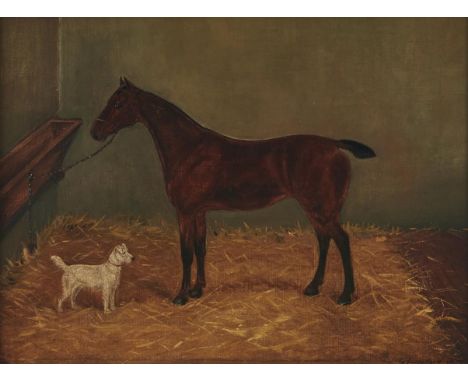 W Stevenson, fl 19th century&nbsp; - Portrait of a Chestnut Hunter and a Terrier in a Loose Box, signed and dated '78 (?), oi