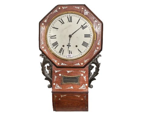 A Victorian rosewood and mother of pearl inlaid drop-case wall clock, c1870, pendulum, 69cm h Small veneer chips, dial restor