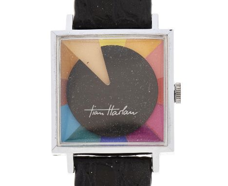 A 1970's Tian Harlan stainless steel square gentleman's wristwatch, Chromachrom, 29 x 29mm In apparently working order and in