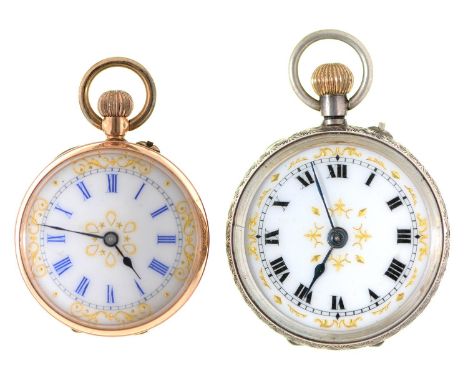 A Swiss gold keyless cylinder lady's watch, c1900, plated cuvette, 29mm diam, marked 9c and a contemporary silver lady's watc
