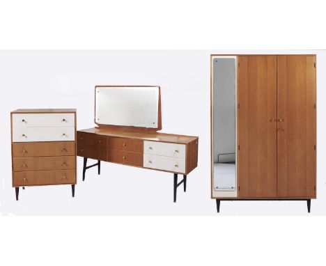 A mid century Meredew light oak bedroom suite, supplied by Hopewells, Nottingham, c1960, wardrobe 184cm h; 55 x 122cm (3) Goo