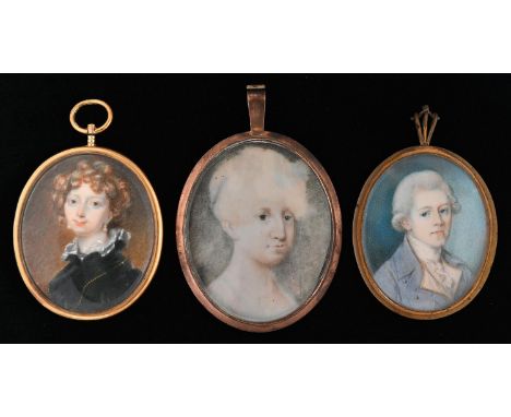 English School, 19th c - Portrait Miniature of a Young Woman, with curly auburn hair in black dress with lace collar, ivory, 