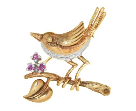 A ruby bird-on-a-branch brooch, in two colour 9ct gold, 34mm, import marked London 1970, 2.8g Good condition
