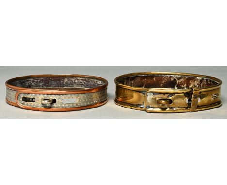 An English sheet brass dog collar and a Victorian leather lined nickel plated brass dog collar, with copper rims, 9cm diam ap