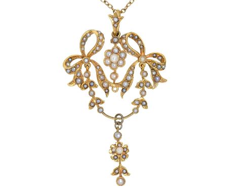 A split pearl openwork festoon and bows brooch, early 20th c, in gold, articulated, 59mm including loop, marked 15ct and a go