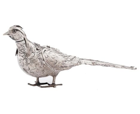 A German silver pheasant novelty casting bottle, late 19th / early 20th c, with detachable head, pierced stopper and hinged w