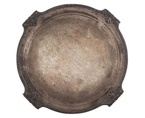 A George VI silver salver, the reeded rim with outset palmettes at intervals, 33.5cm diam, by Walker &amp; Hall Ltd, Sheffiel