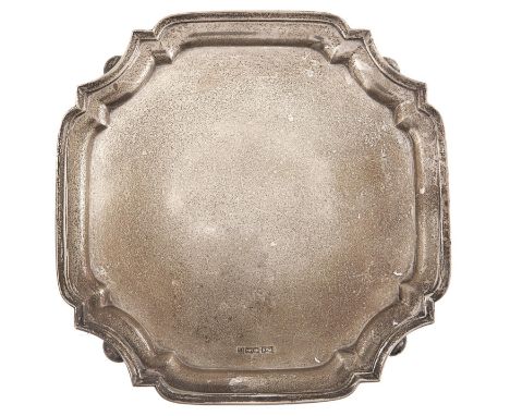 A George V silver waiter, shaped square, on bun feet, 22.5cm, by Walker &amp; Hall Ltd, Sheffield 1929, 13ozs 15dwts Light we