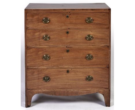 A Regency mahogany chest, c1820, box wood strung, fitted four long graduated drawers, bowed apron and bracket feet, oval bras