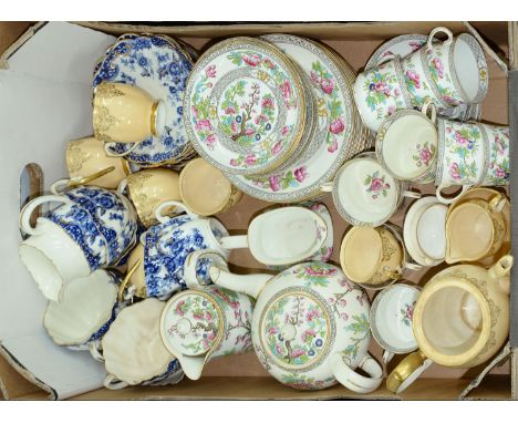 A Staffordshire blue and white bone china tea service, c1880, an Aynsley Indian Tree pattern tea service and a Queen Anne apr