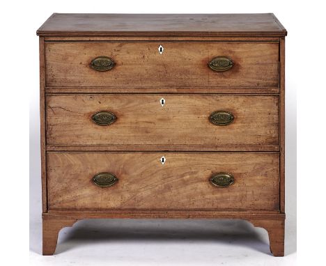 A Regency mahogany chest of drawers, c1820, boxwood strung, the top with reeded lip above three long graduated, cockbeaded dr