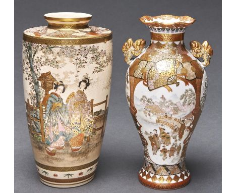 A Japanese Satsuma vase and a contemporary Kutani vase, Meiji period, the first decorated with three bijin in a continuous la
