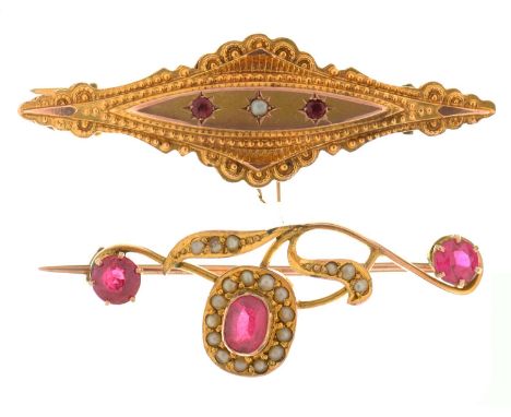 A ruby and split pearl brooch, gypsy set in 9ct gold, 42mm, Birmingham 1912 and a synthetic ruby and split pearl brooch, in g