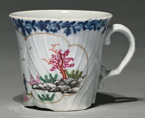 A Worcester blue bordered coffee can, outside-decorated, c1756-1760, feather moulded with underglaze blue border and enamelle