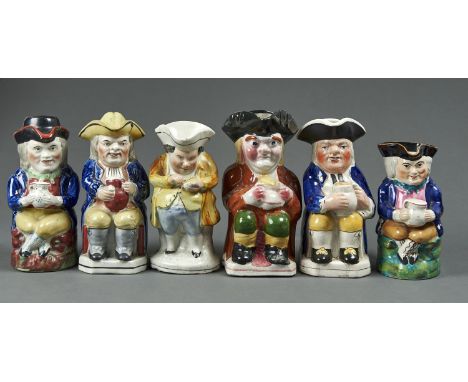SIX VARIOUS STAFFORDSHIRE EARTHENWARE TOBY JUGS, LATE 19TH / EARLY 20TH C, ONE LATER, 25CM H AND SMALLER One or two with loca