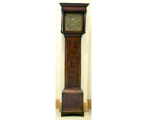 A George III yew veneered oak cottage longcase clock,&nbsp; Chas Haywood, Rochdale, the hood with flared cornice above a frie