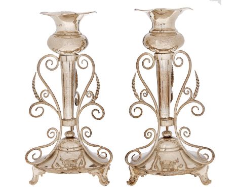 A pair of Edwardian silver flower stands, the detachable vase within a frame of three scrolling branches &amp; Hall, Chester 
