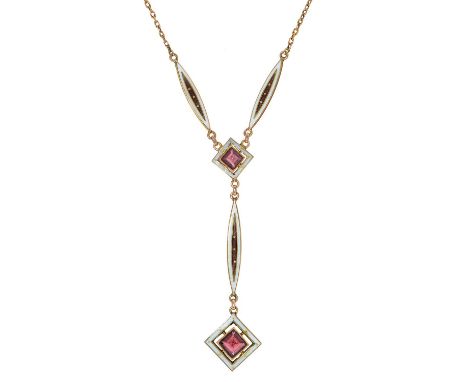 A Belle Epoque garnet and gold and enamel necklet, c1900, drop 51mm, 45.5cm l, marked B.H.J. 9ct, 4.8g Good condition