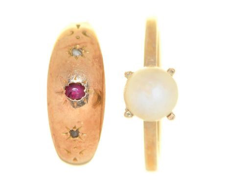 A ruby and diamond ring, gipsy set, in gold, unmarked and a cultured pearl ring in 9ct gold, 1.8 and 2.3g respectively, size 