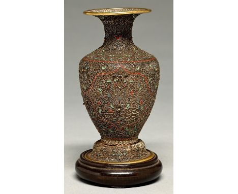 A Chinese brass and cloisonne enamel vase, early 20th c, 11.5cm h and a wood stand (2) Good condition, old settled dust
