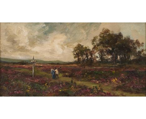 English School, late 19th c - Couple at a Signpost on a Path, oil on canvas, 18 x 56.5cm Unlined; light craquelure, varnish p