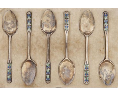 A set of six George V silver gilt and blue and green guilloche enamel coffee spoons, by Suckling Ltd, Birmingham 1931, cased,