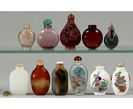 A gold coloured metal mounted jade scent bottle and ten Chinese glass, agate and porcelain snuff bottles, 19th c and later, 7