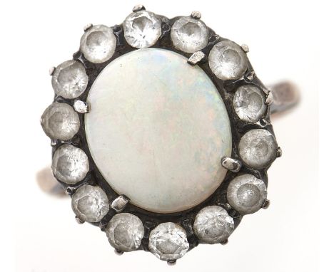 An opal and white sapphire cluster ring, gold hoop, 3g Opal slightly scratched evident when viewed under 10x magnification