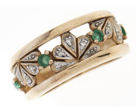 An emerald and diamond palmette pierced ring, in 9ct gold, 2.9g, size I Good condition