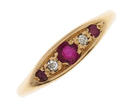 A ruby and diamond ring, in 18ct gold, Birmingham 1921, 2.4g, size N½ Rubies with slight wear evident when viewed under 10x m