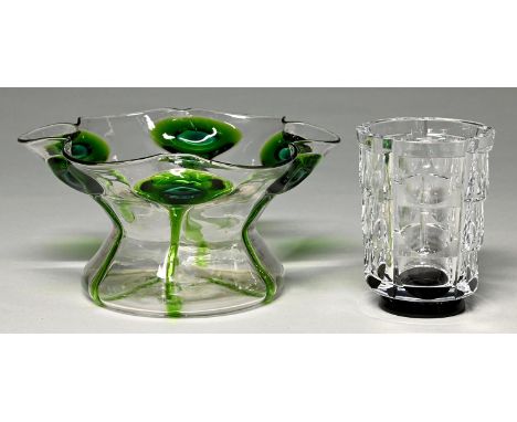 An English peacock trailed glass bowl, probably Stuart &amp; Sons, c1910, 26cm diam and an Orrefors cut and black cased glass