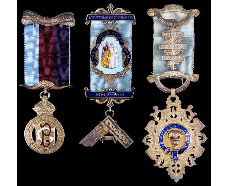 A masonic silver and enamel past master's jewel, Coronation Lodge Birmingham 1957 and two RAOB silver gilt and enamel jewels,