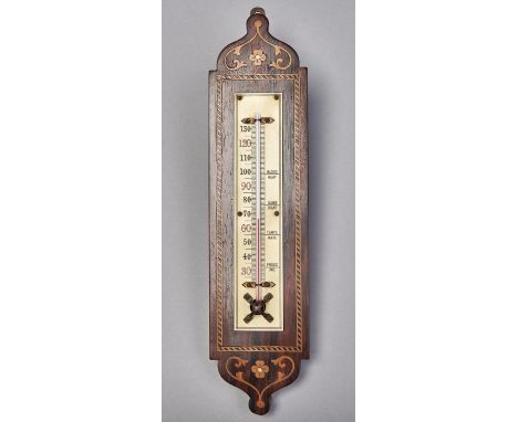 An Edwardian rosewood and inlaid hanging thermometer, c1910, alcohol filled, with ivorine scale, 34cm Good condition