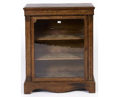A Victorian rosewood veneered vitrine, c1870, boxwood strung throughout, glazed door revealing velvet lined interior, fitted 