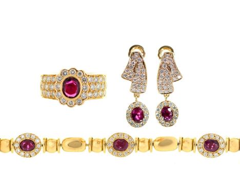 A ruby and diamond suite, comprising ring, earrings and bracelet, in gold, bracelet 19cm l, marked 750, 44.8g (4) One small d