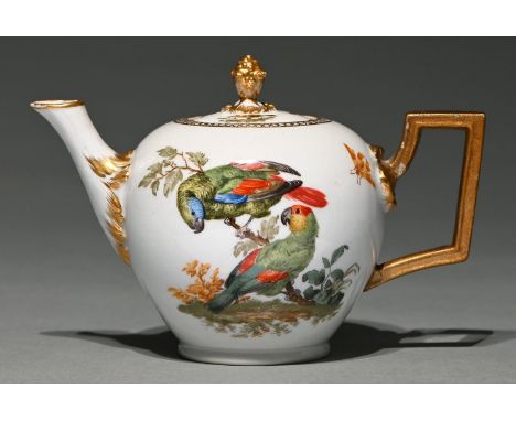 A Meissen, Marcolini bullet teapot and cover, late 18th c, with gilt bud knop, angular handle and leafy spout, painted to eit