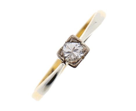 A diamond solitaire ring, square set in gold marked 18ct, 1.6g, size J Good condition