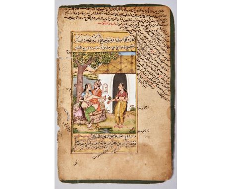 A Mughal illustrated leaf from an erotic manuscript, possibly the Kama Sutra, 18th/19th c, ink and gouache on paper with gree