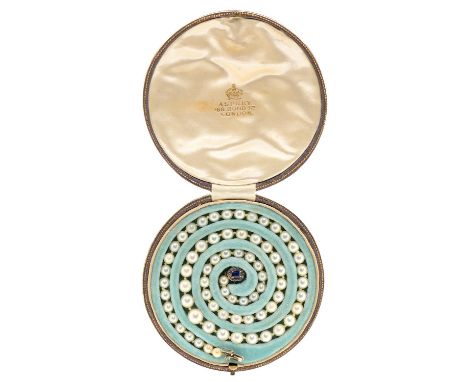 A cultured pearl necklace,&nbsp; of 5-8mm cultured pearls &nbsp;with sapphire and diamond clasp, 53cm l, 25.3g, in an Asprey 