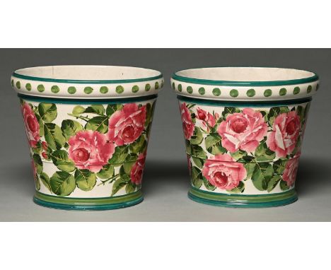 A pair of Wemyss ware Stuart flower pots, c1900,&nbsp;painted possibly by Karel Nekola with cabbage roses, 21cm h, impressed 