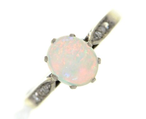 An opal ring with diamond shoulders, in platinum coloured metal, 2.2g, size M Opal scratched, wanting polish